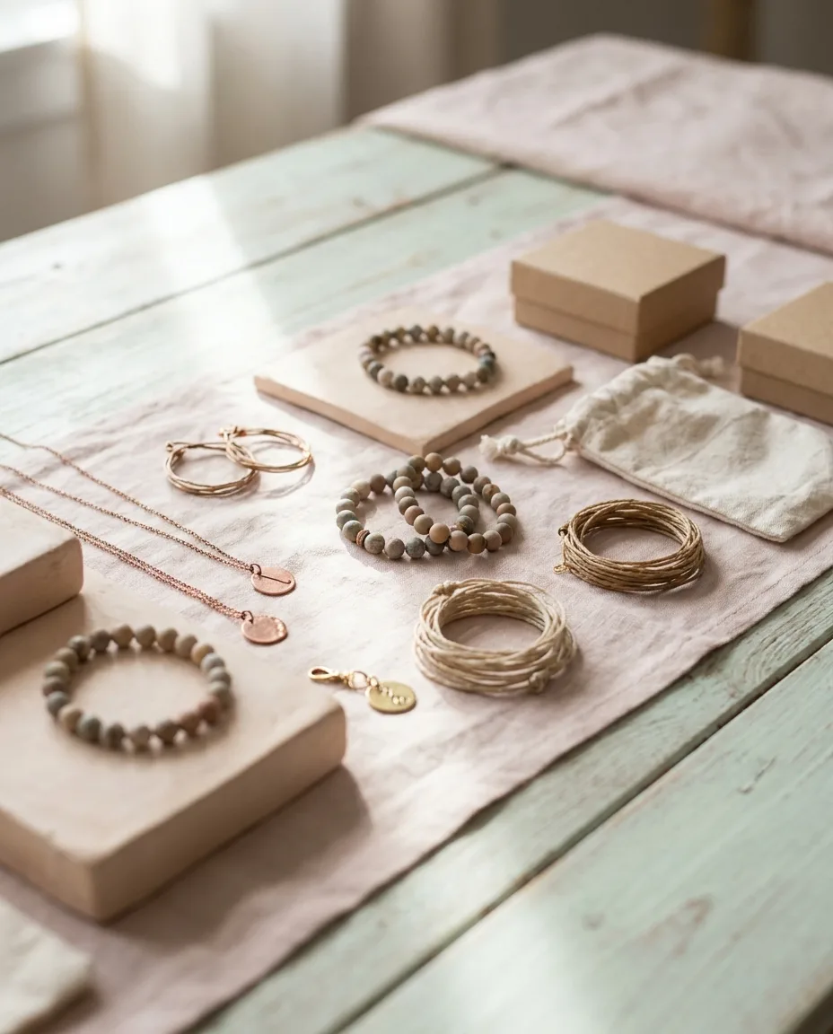 Stone bracelets, pendants and cords laid out on pale linen