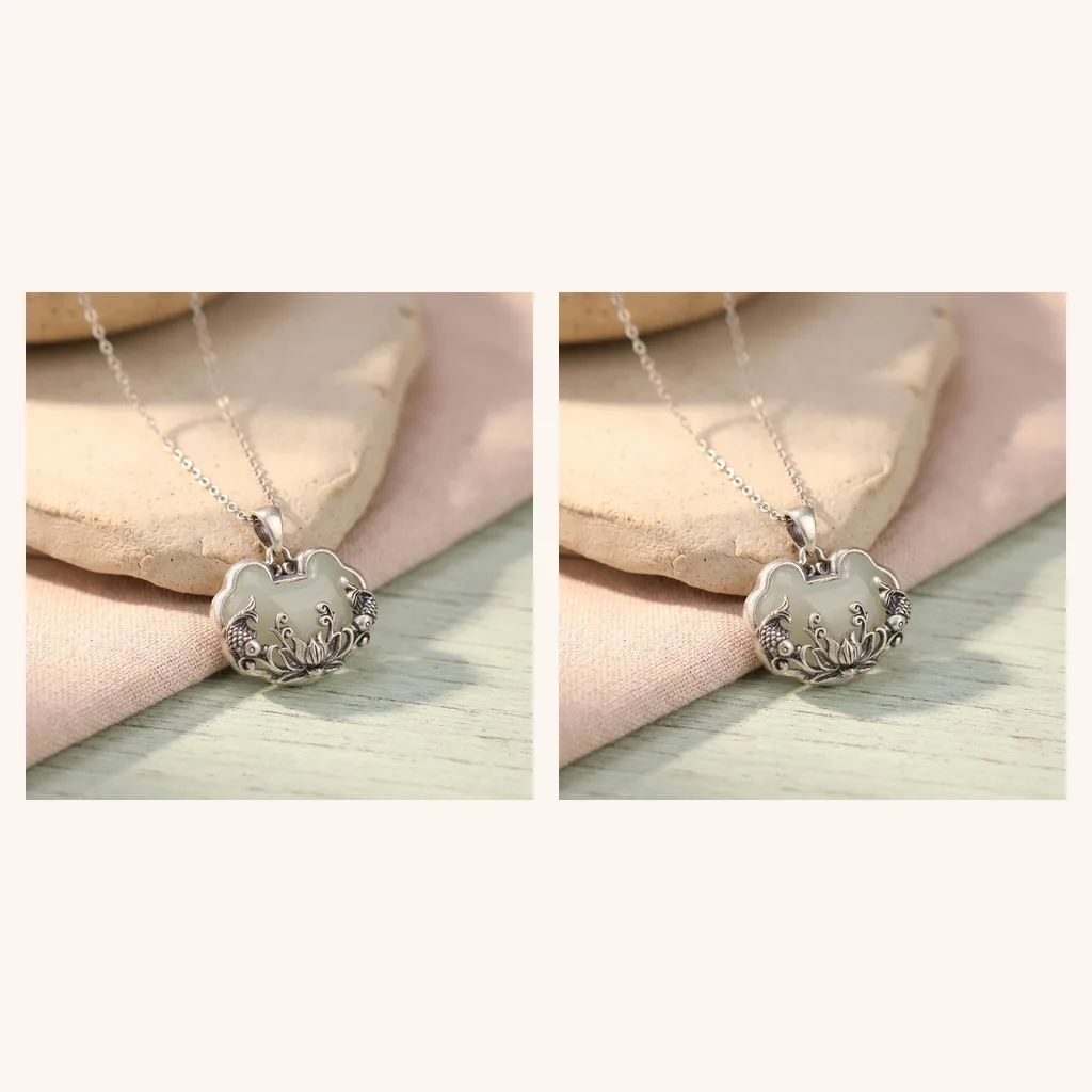 Fish & Lotus Pendant, Silver-Tone